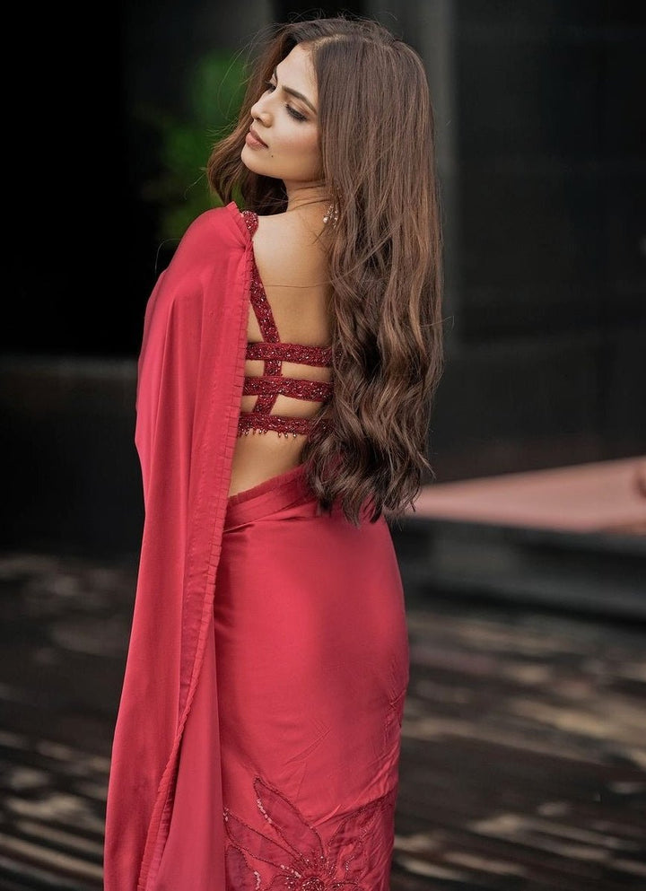 Strawberry Red Floral Bridal Saree Set Nitika Gujral - Fabilicious Fashion