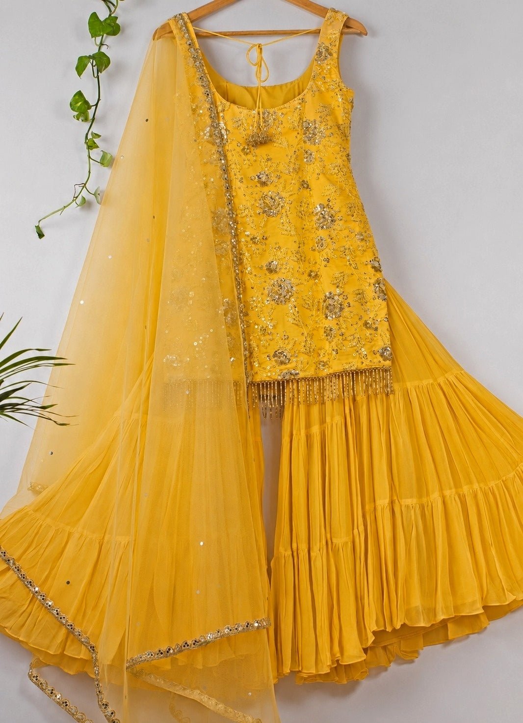 Summer yellow sequinned kurta sharara set for a haldi wedding guest