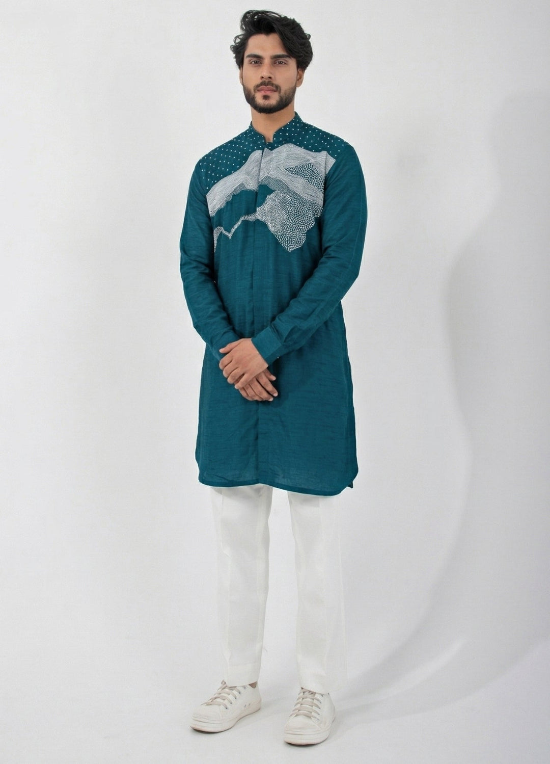 Smriti - Men Teal and Ivory Cotton Kurta Pants SetFabilicious Fashion