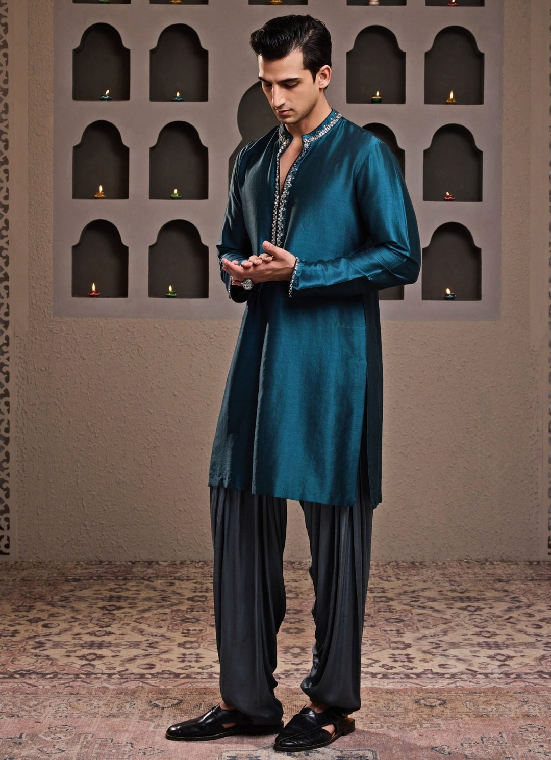 Teal Blue and Grey Embroidered Chanderi Kurta Set Nitika Gujral - Men - Fabilicious Fashion