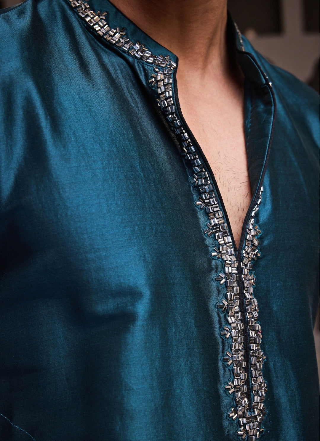 Teal Blue and Grey Embroidered Chanderi Kurta Set Nitika Gujral - Men - Fabilicious Fashion