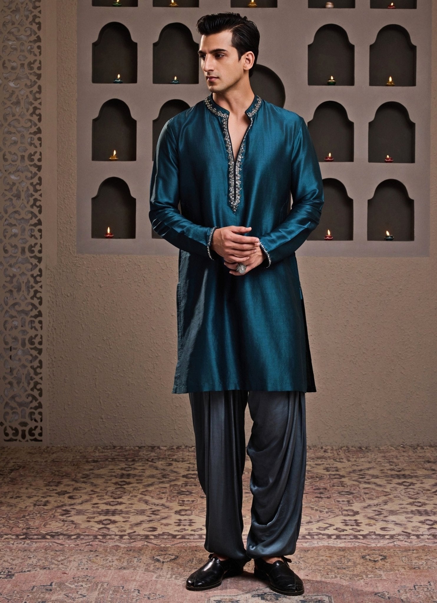 Teal blue and grey embroidered chanderi kurta set — mens festive wear for Eid gatherings
