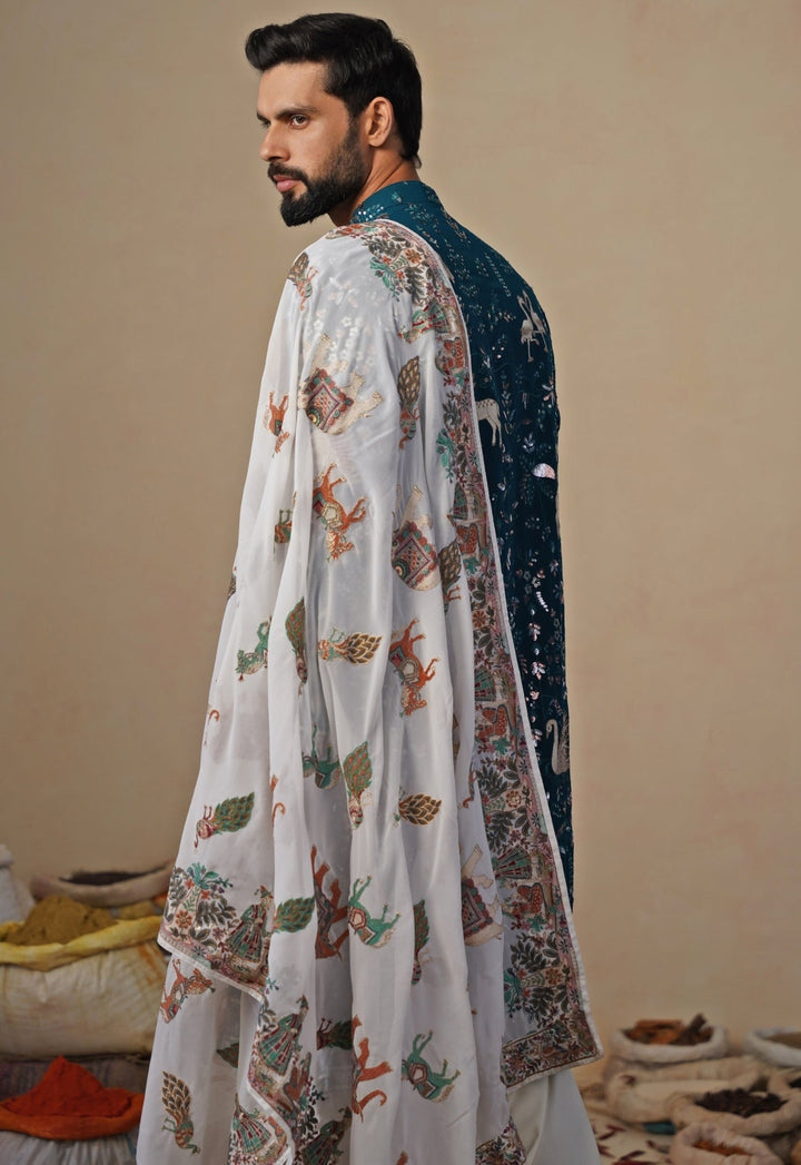 Teal Blue and Ivory Georgette Kurta and Patiala Pants Kalpraag - Fabilicious Fashion