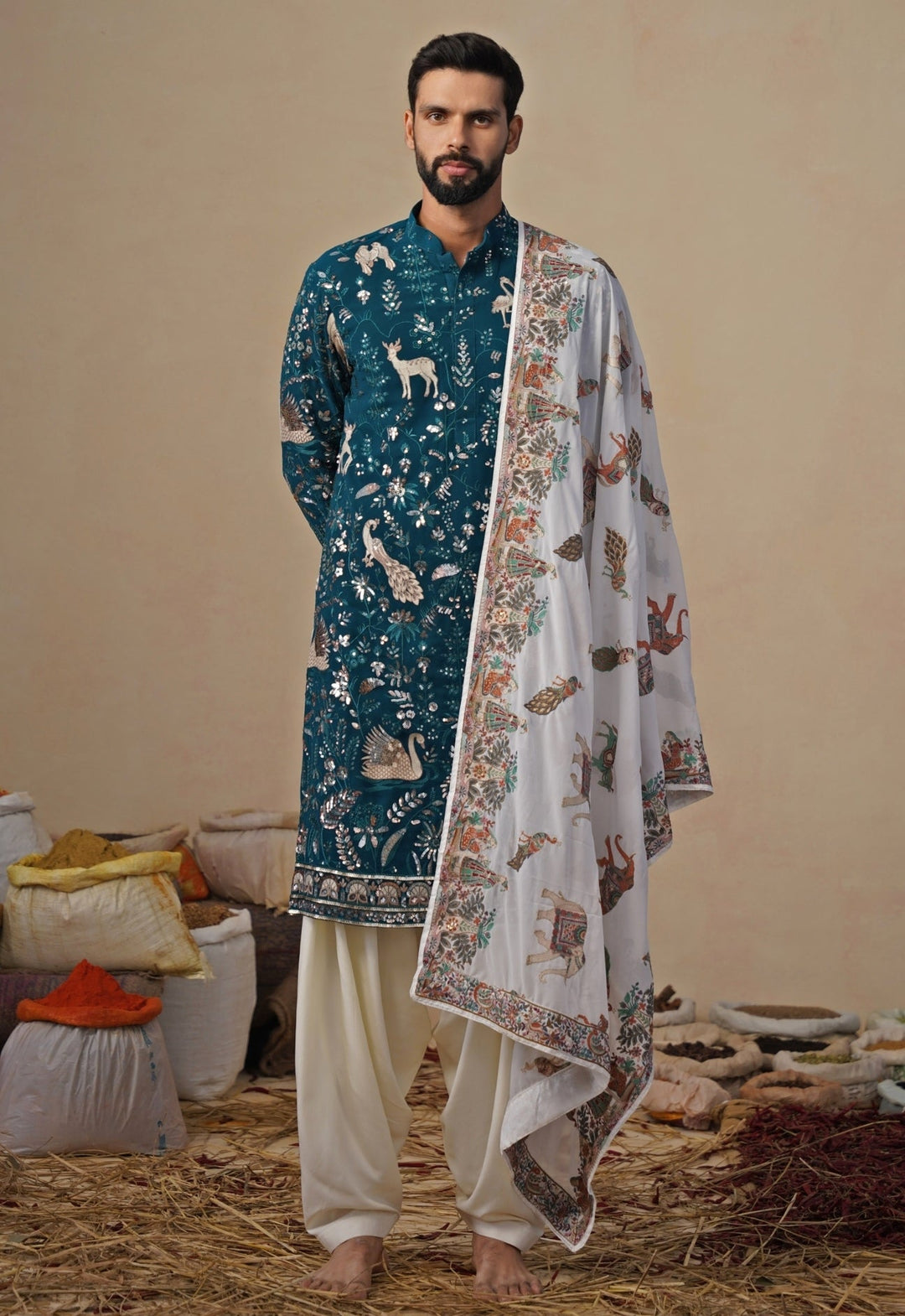 Teal Blue and Ivory Georgette Kurta and Patiala Pants Kalpraag - Fabilicious Fashion