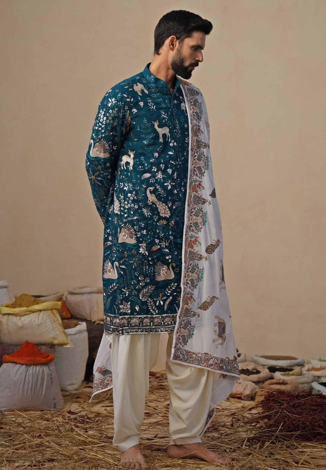 Teal Blue and Ivory Georgette Kurta and Patiala Pants Kalpraag - Fabilicious Fashion