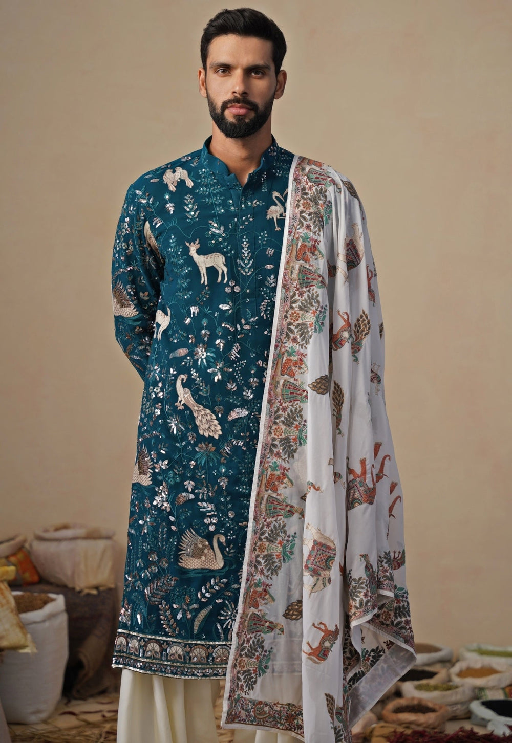 Teal Blue and Ivory Georgette Kurta and Patiala Pants Kalpraag - Fabilicious Fashion