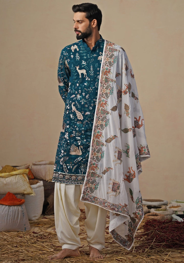 Teal Blue and Ivory Georgette Kurta and Patiala Pants Kalpraag - Fabilicious Fashion