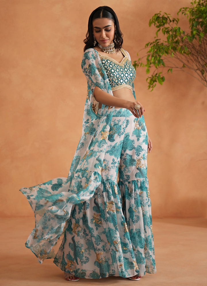Teal Blue And White Georgette Blouse Garara Set With Cape Deepika Chadha - Fabilicious Fashion