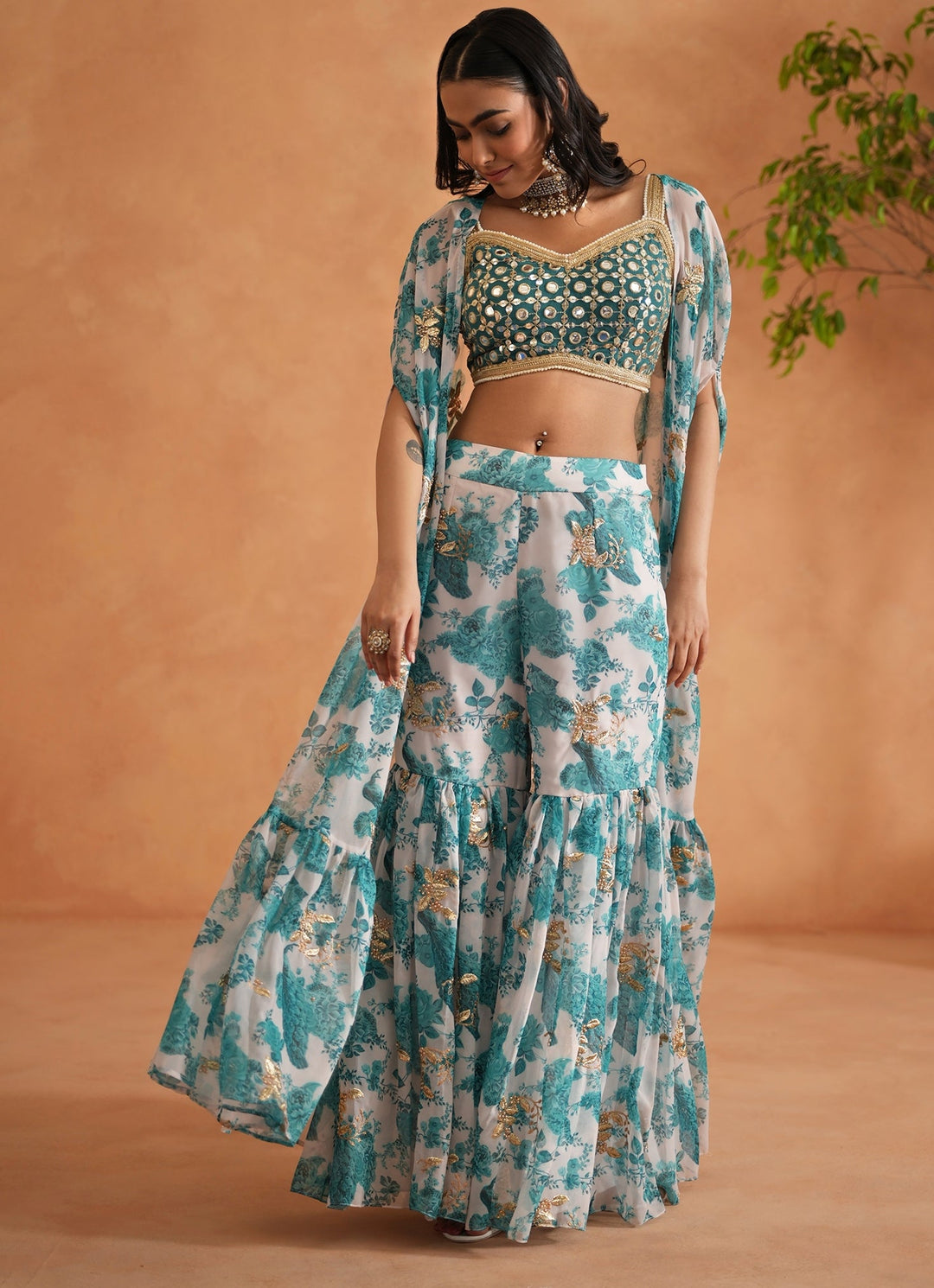 Teal Blue And White Georgette Blouse Garara Set With Cape Deepika Chadha - Fabilicious Fashion