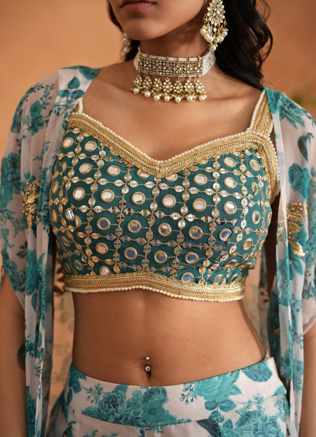 Teal Blue And White Georgette Blouse Garara Set With Cape Deepika Chadha - Fabilicious Fashion