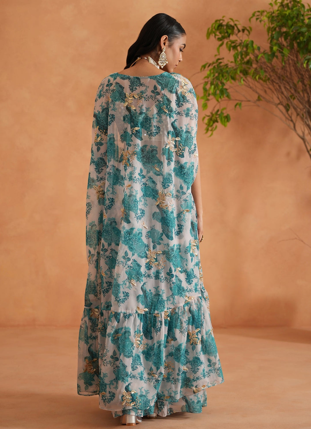 Teal Blue And White Georgette Blouse Garara Set With Cape Deepika Chadha - Fabilicious Fashion