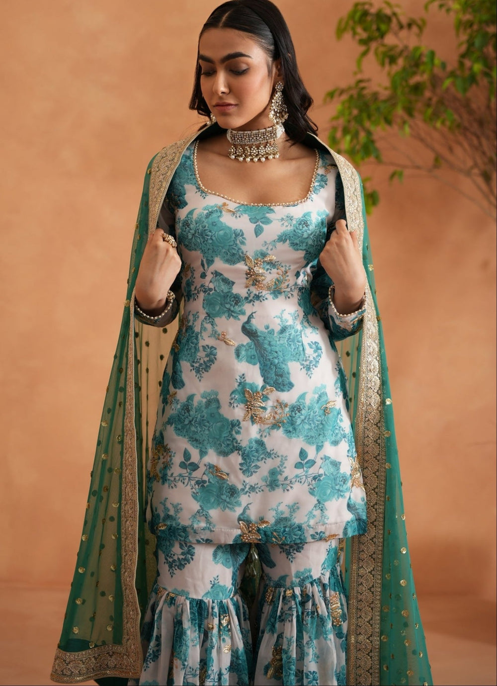 Teal Blue And White Georgette Kurta Garara Set Deepika Chadha - Fabilicious Fashion