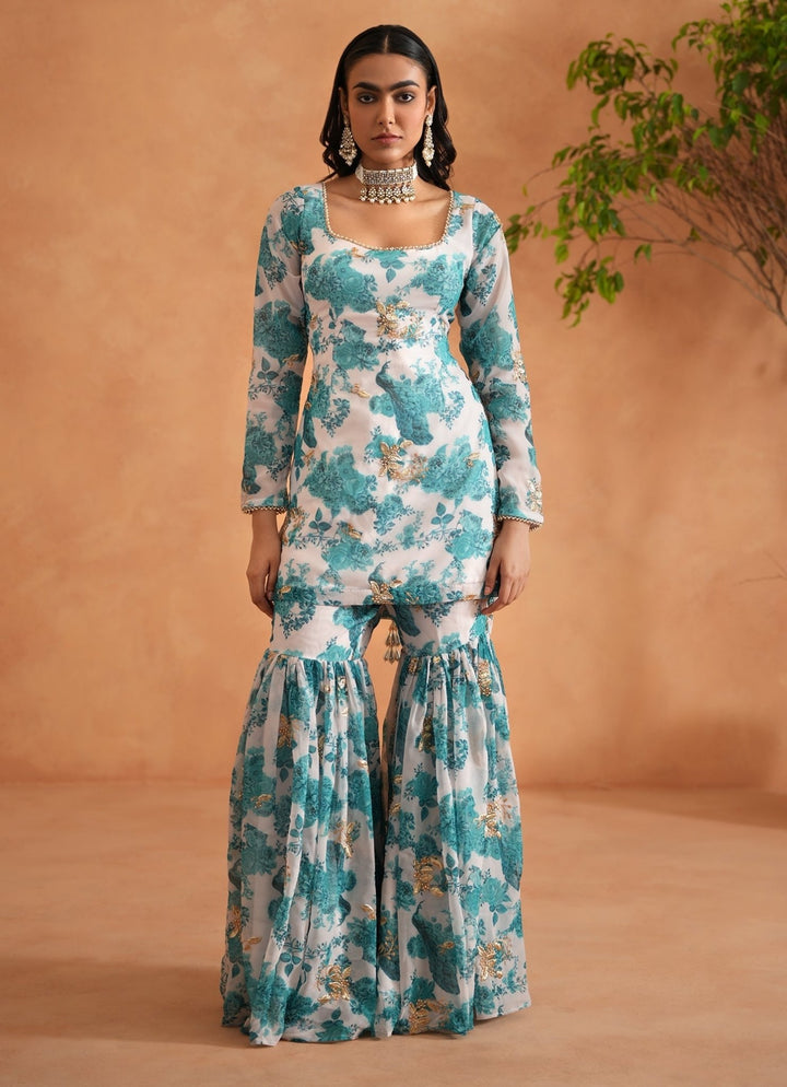Teal Blue And White Georgette Kurta Garara Set Deepika Chadha - Fabilicious Fashion