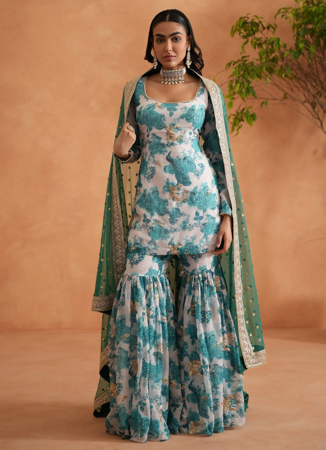 Teal Blue And White Georgette Kurta Garara Set Deepika Chadha - Fabilicious Fashion