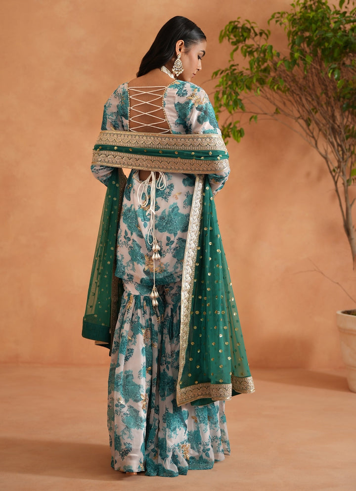 Teal Blue And White Georgette Kurta Garara Set Deepika Chadha - Fabilicious Fashion