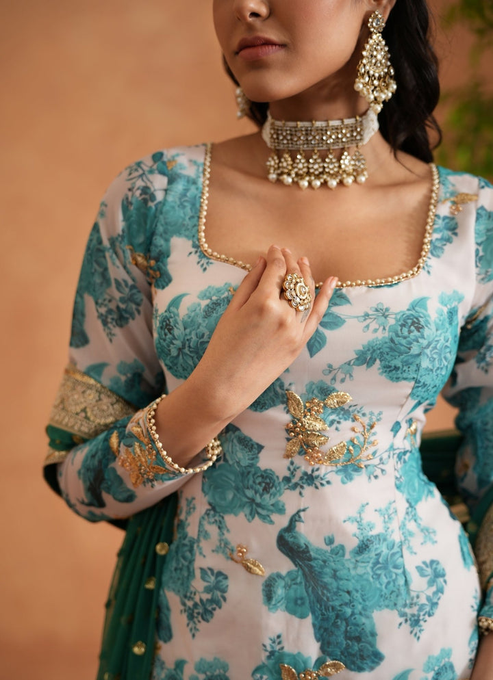 Teal Blue And White Georgette Kurta Garara Set Deepika Chadha - Fabilicious Fashion