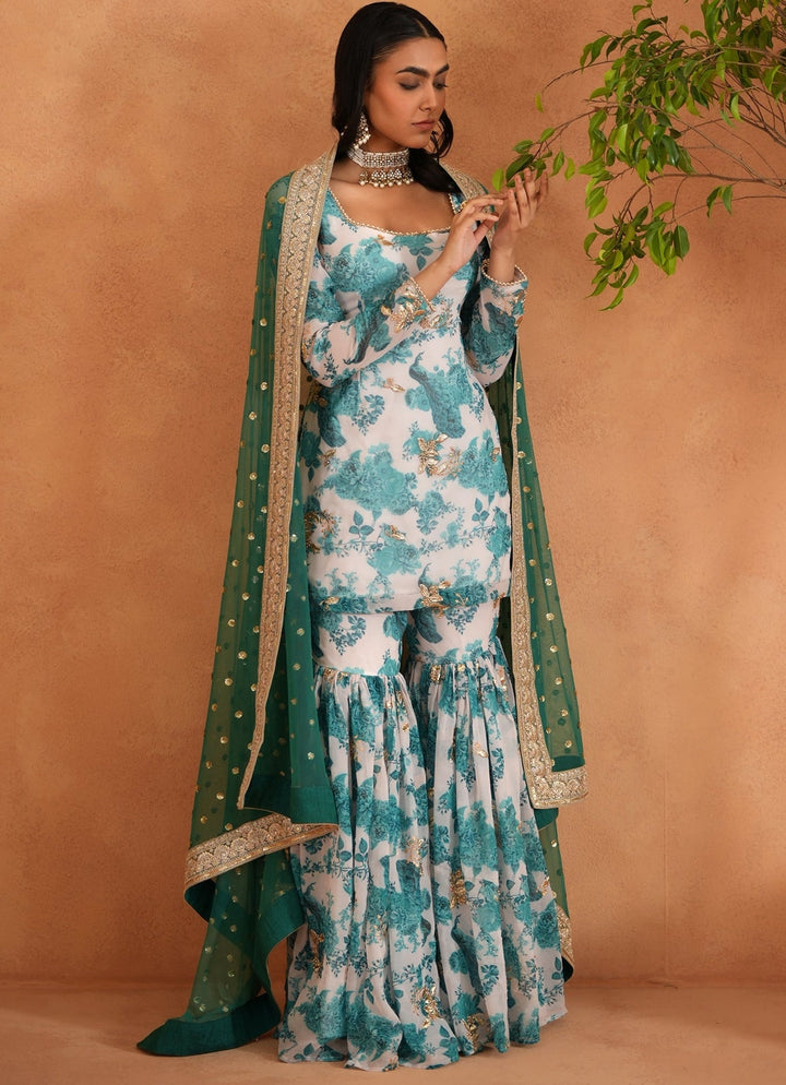 Teal Blue And White Georgette Kurta Garara Set Deepika Chadha - Fabilicious Fashion