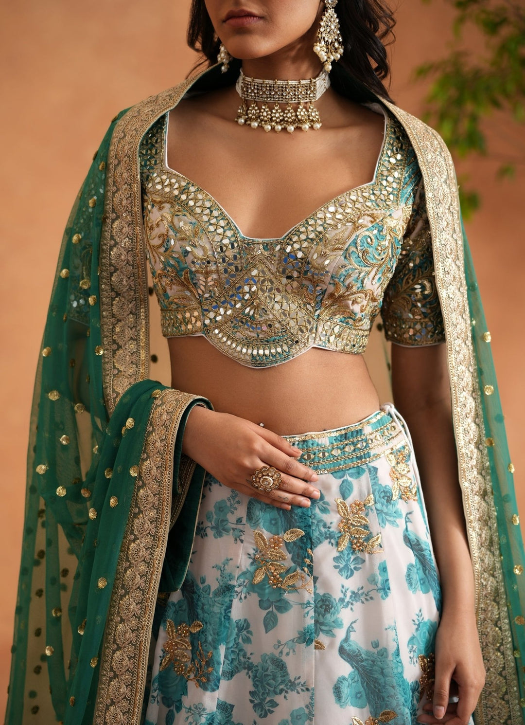 Teal Blue And White Printed Georgette Lehenga Set Deepika Chadha - Fabilicious Fashion