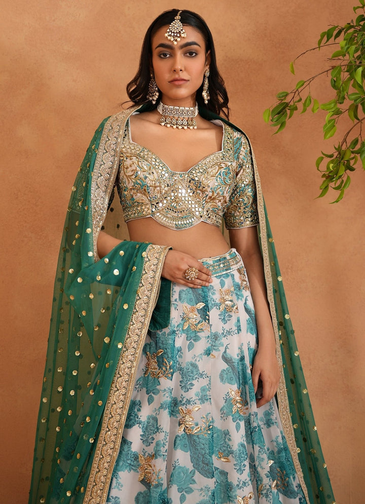 Teal Blue And White Printed Georgette Lehenga Set Deepika Chadha - Fabilicious Fashion