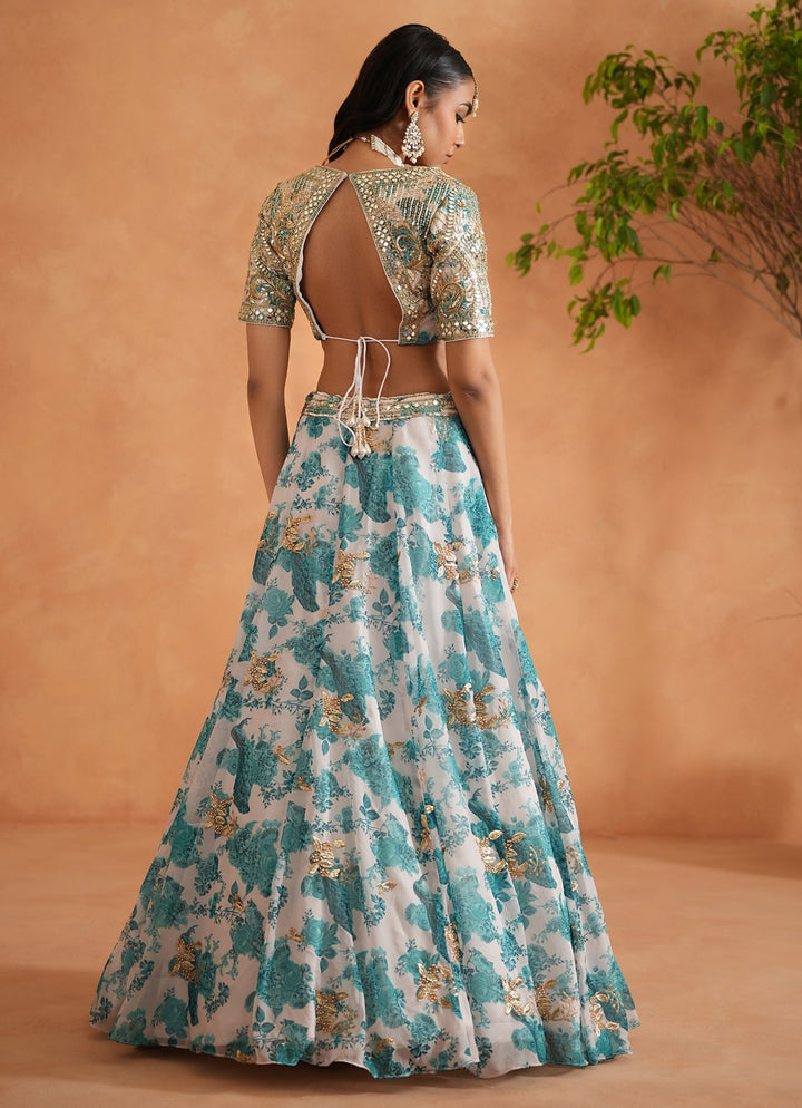 Teal Blue And White Printed Georgette Lehenga Set Deepika Chadha - Fabilicious Fashion