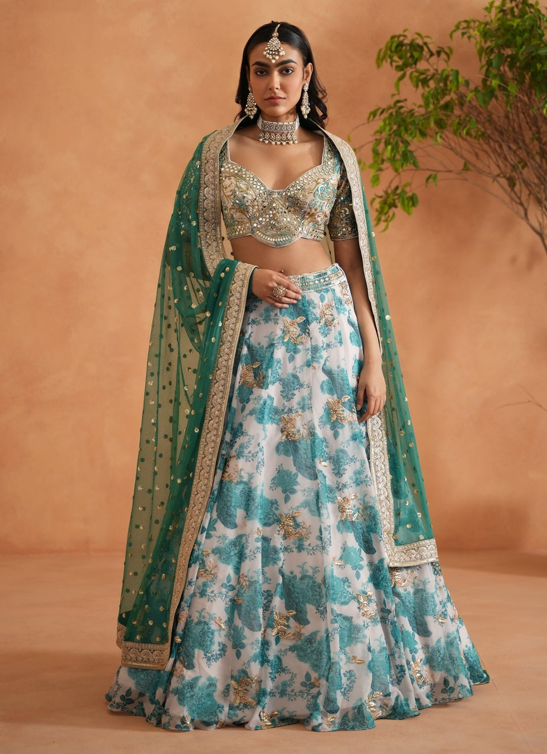 Teal Blue And White Printed Georgette Lehenga Set Deepika Chadha - Fabilicious Fashion