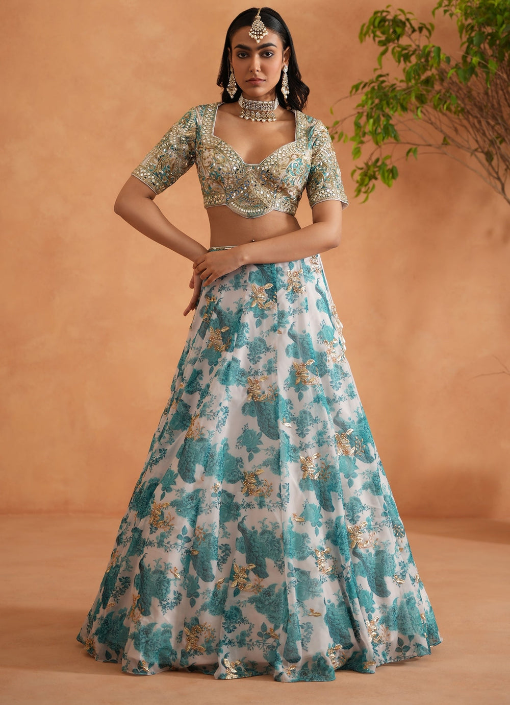 Teal Blue And White Printed Georgette Lehenga Set Deepika Chadha - Fabilicious Fashion