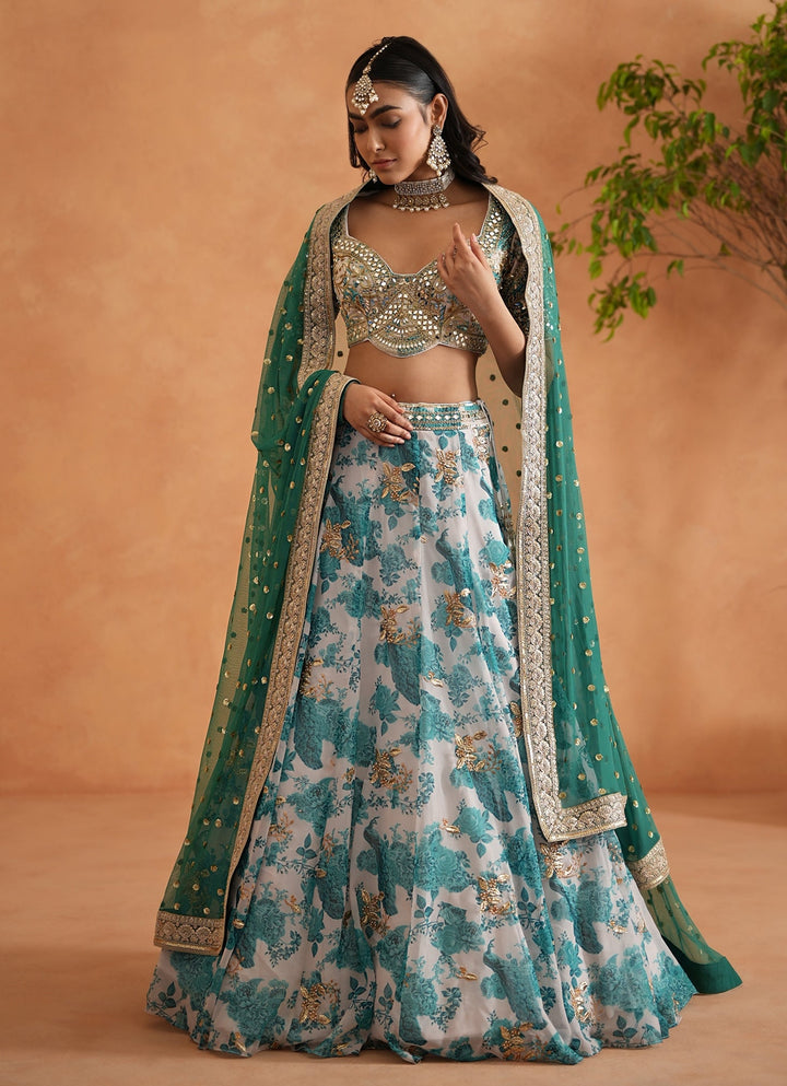 Teal Blue And White Printed Georgette Lehenga Set Deepika Chadha - Fabilicious Fashion