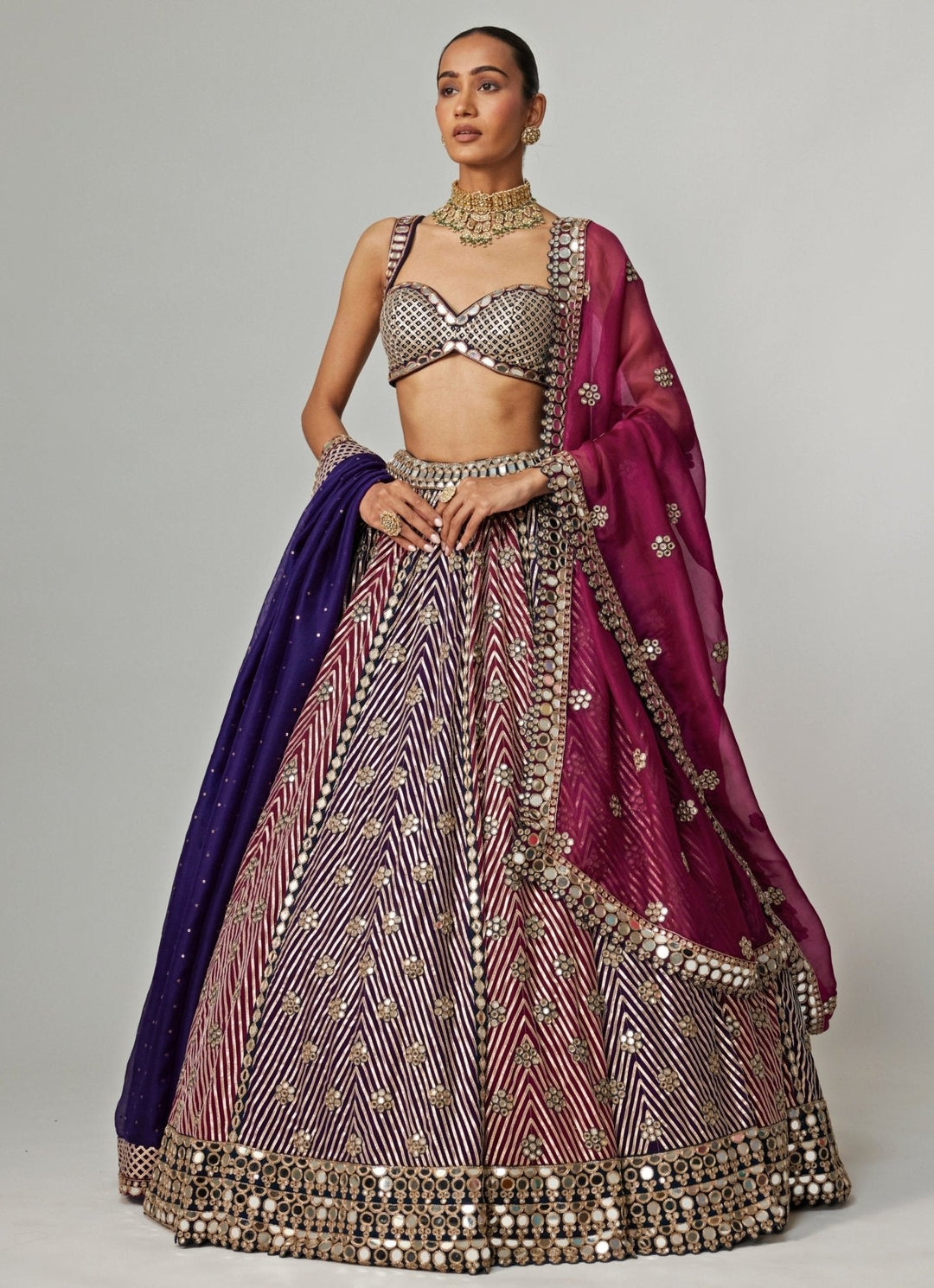 Teal Blue And Wine Embroidered Bridal Lehenga With Double Dupatta Vvani by Vani Vats - Fabilicious Fashion