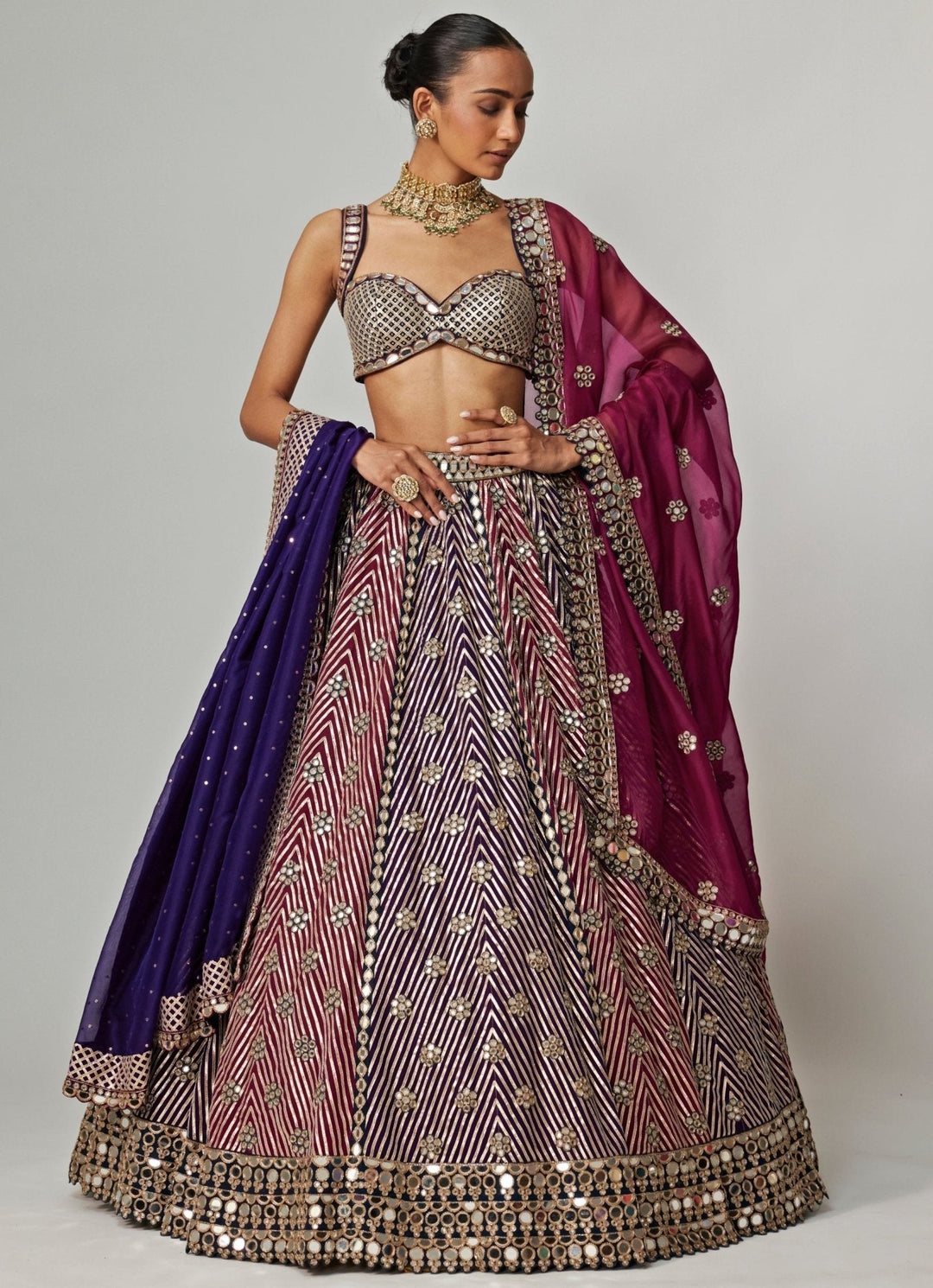 Teal Blue And Wine Embroidered Bridal Lehenga With Double Dupatta Vvani by Vani Vats - Fabilicious Fashion