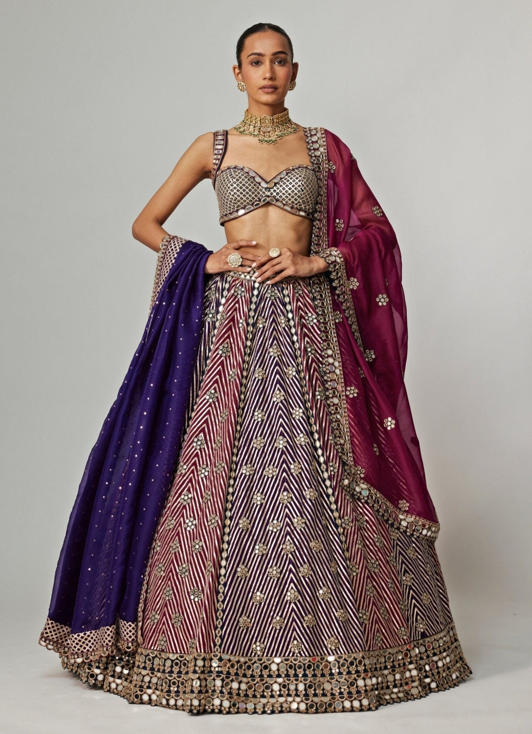 Teal Blue And Wine Embroidered Bridal Lehenga With Double Dupatta Vvani by Vani Vats - Fabilicious Fashion
