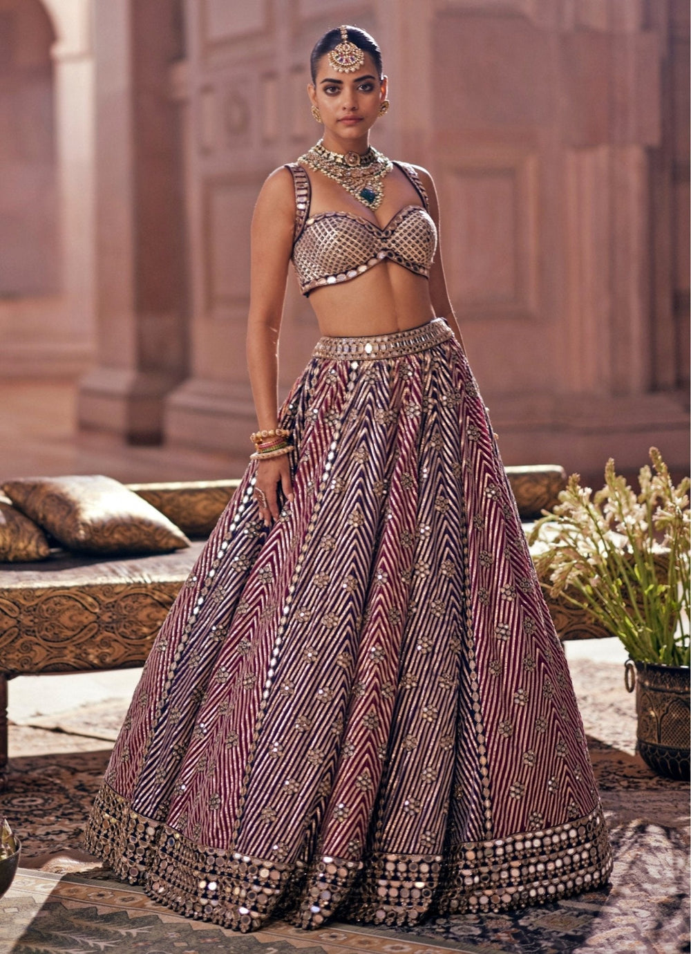 Teal Blue And Wine Embroidered Organza Lehenga Set Vvani by Vani Vats - Fabilicious Fashion