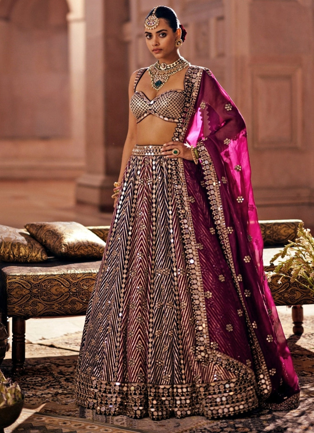 Teal Blue And Wine Embroidered Organza Lehenga Set Vvani by Vani Vats - Fabilicious Fashion