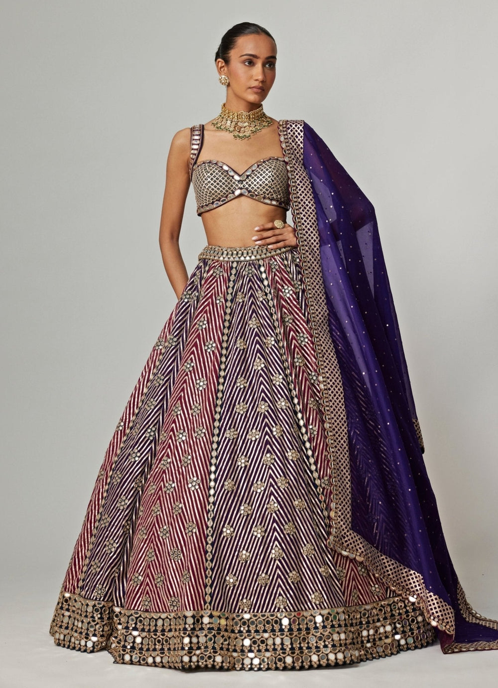 Teal Blue And Wine Embroidered Organza Lehenga Set Vvani by Vani Vats - Fabilicious Fashion