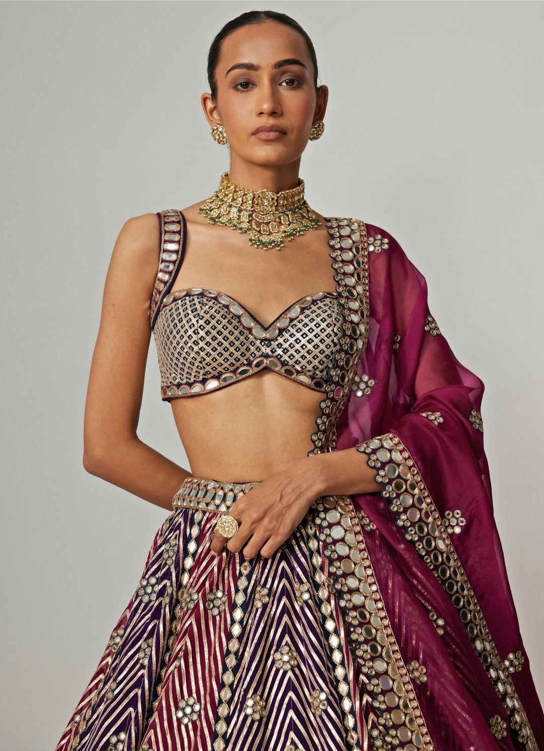 Teal Blue And Wine Embroidered Organza Lehenga Set Vvani by Vani Vats - Fabilicious Fashion