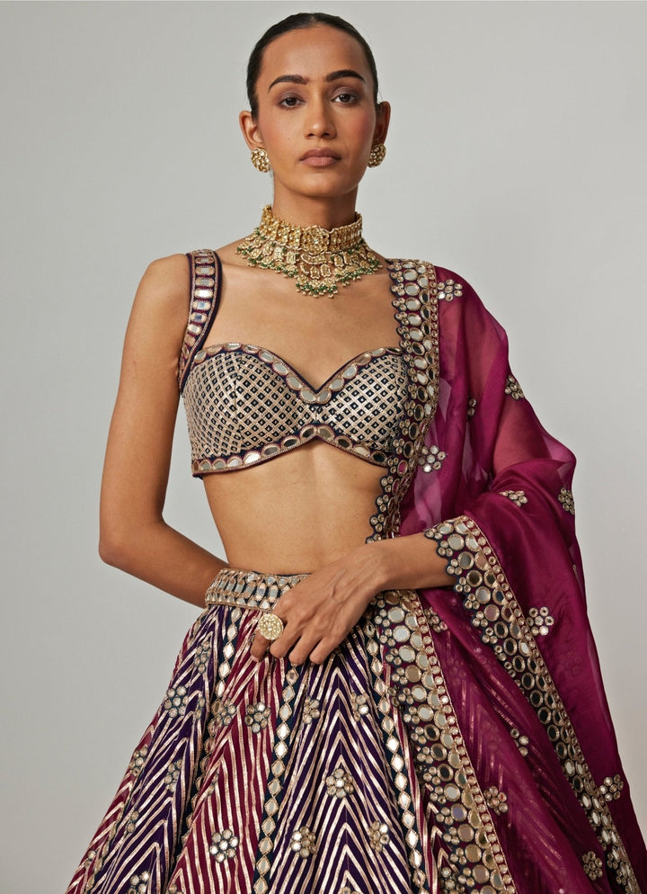 Teal Blue And Wine Embroidered Organza Lehenga Set Vvani by Vani Vats - Fabilicious Fashion