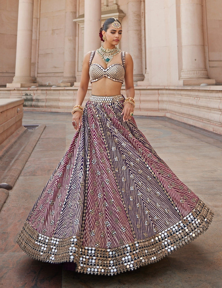 Teal Blue And Wine Embroidered Organza Lehenga Set Vvani by Vani Vats - Fabilicious Fashion