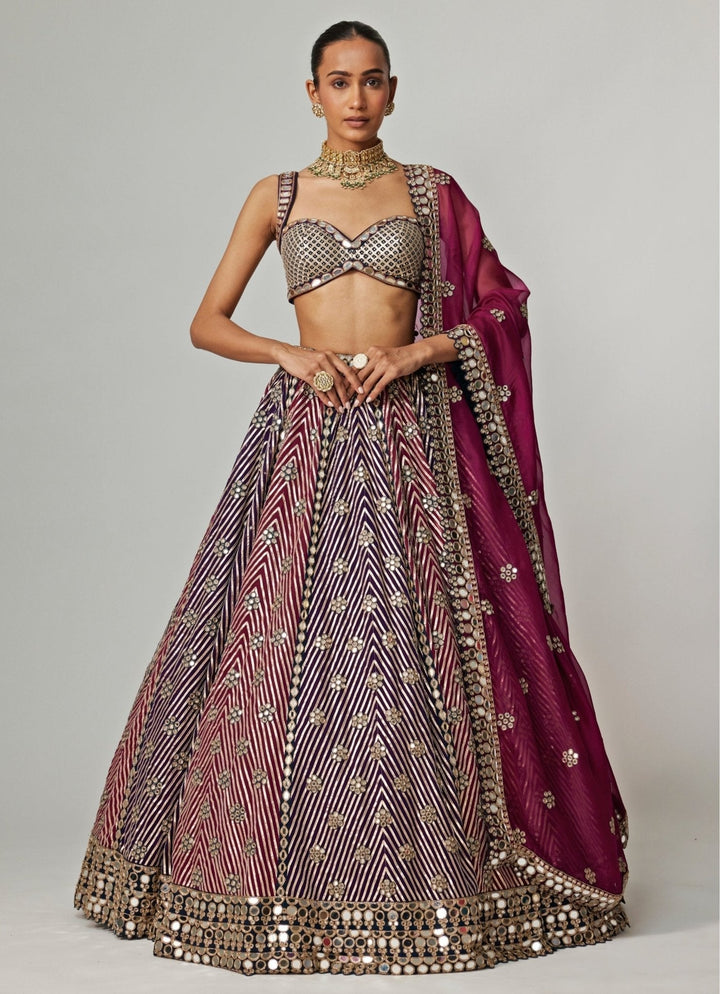 Teal Blue And Wine Embroidered Organza Lehenga Set Vvani by Vani Vats - Fabilicious Fashion