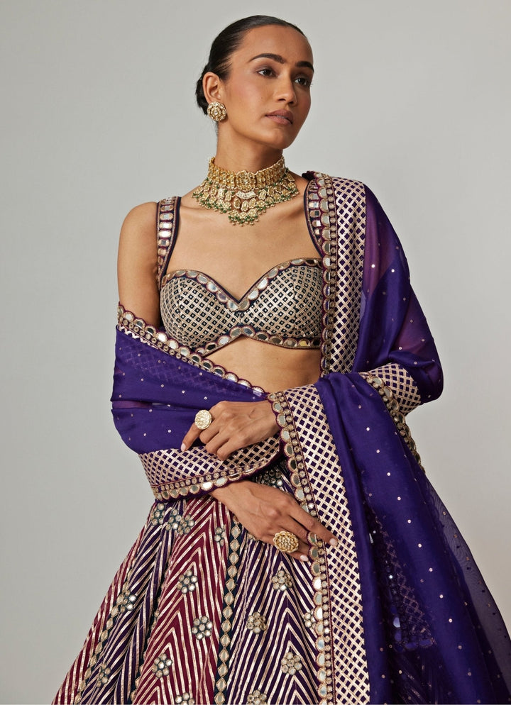 Teal Blue And Wine Embroidered Organza Lehenga Set Vvani by Vani Vats - Fabilicious Fashion