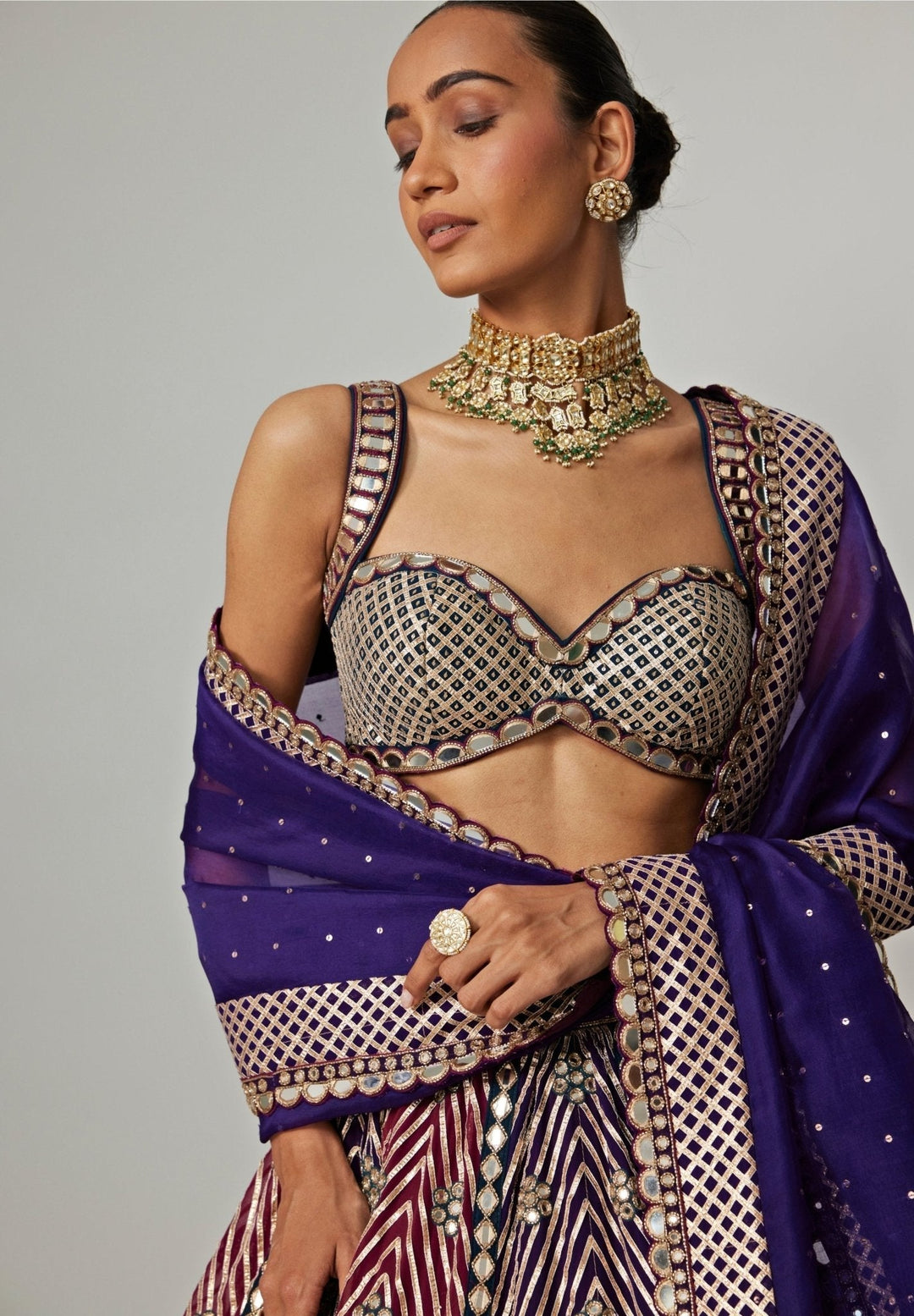 Teal Blue And Wine Embroidered Organza Lehenga Set Vvani by Vani Vats - Fabilicious Fashion