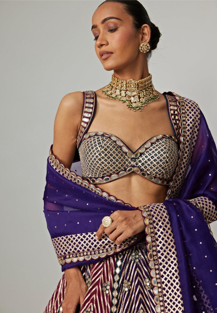 Teal Blue And Wine Embroidered Organza Lehenga Set Vvani by Vani Vats - Fabilicious Fashion