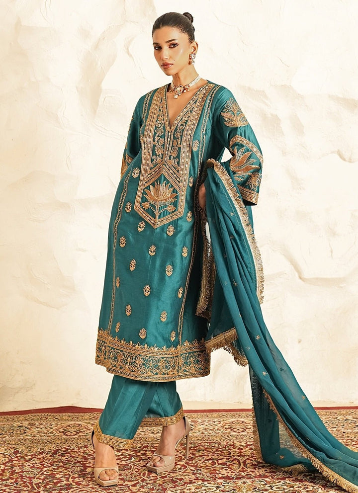 Nidhika Shekhar Teal Blue Chanderi Kurta Pants SetFabilicious Fashion