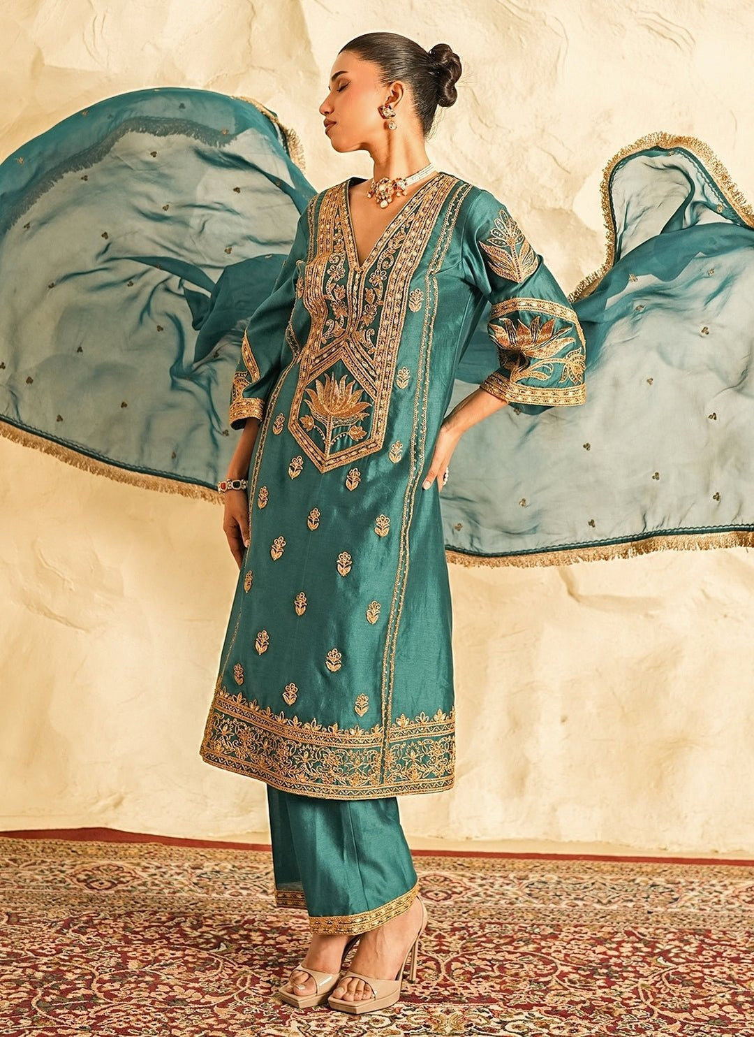 Nidhika Shekhar Teal Blue Chanderi Kurta Pants SetFabilicious Fashion