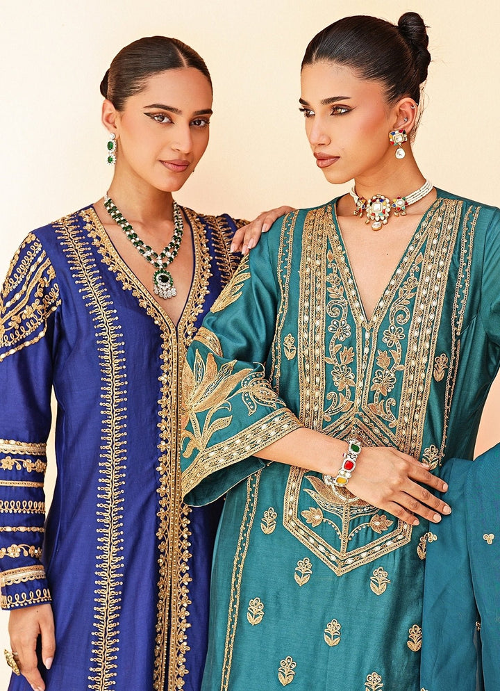 Nidhika Shekhar Teal Blue Chanderi Kurta Pants SetFabilicious Fashion