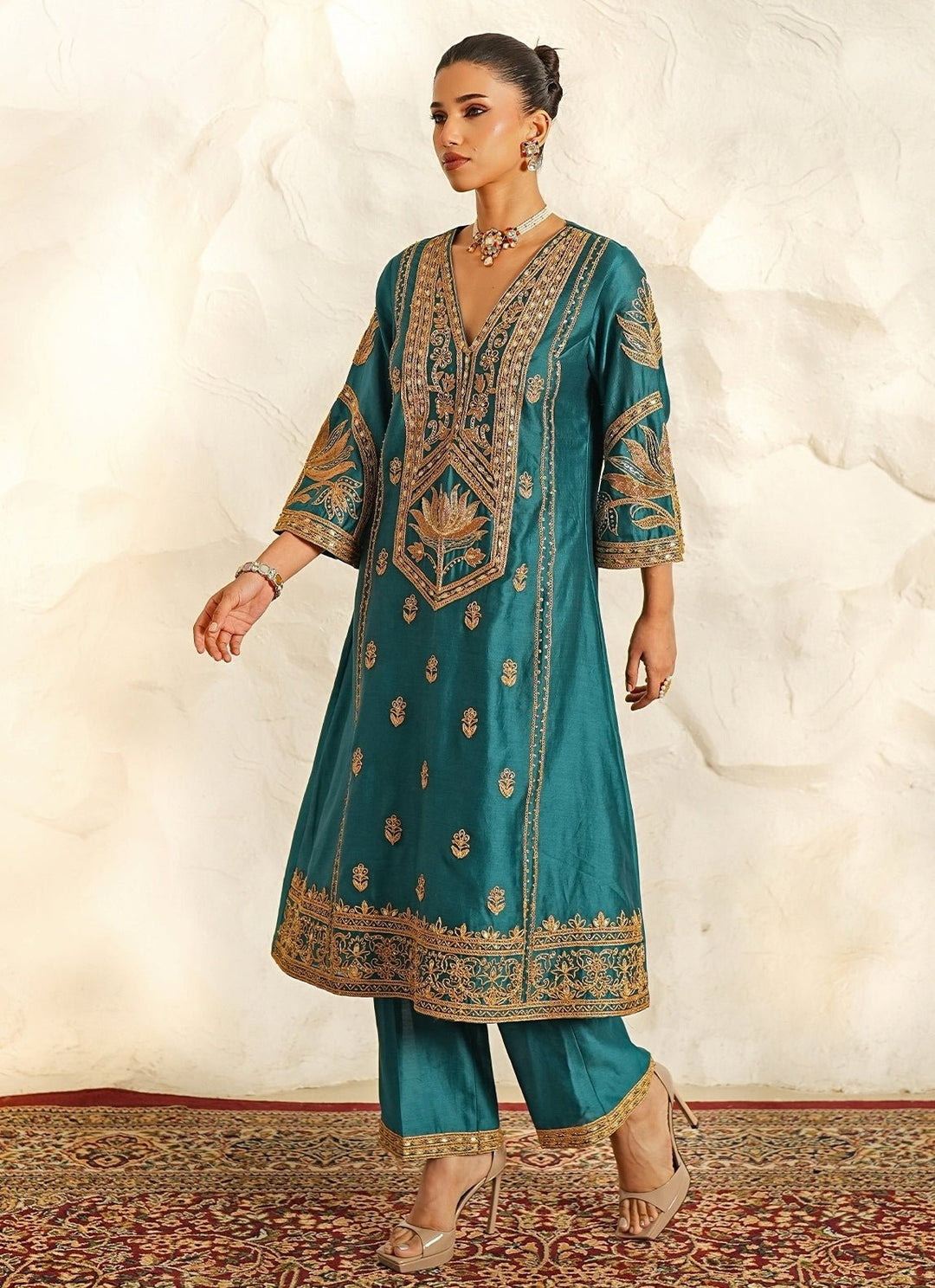 Nidhika Shekhar Teal Blue Chanderi Kurta Pants SetFabilicious Fashion