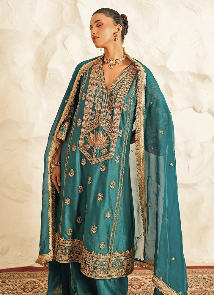 Nidhika Shekhar Teal Blue Chanderi Kurta Pants SetFabilicious Fashion