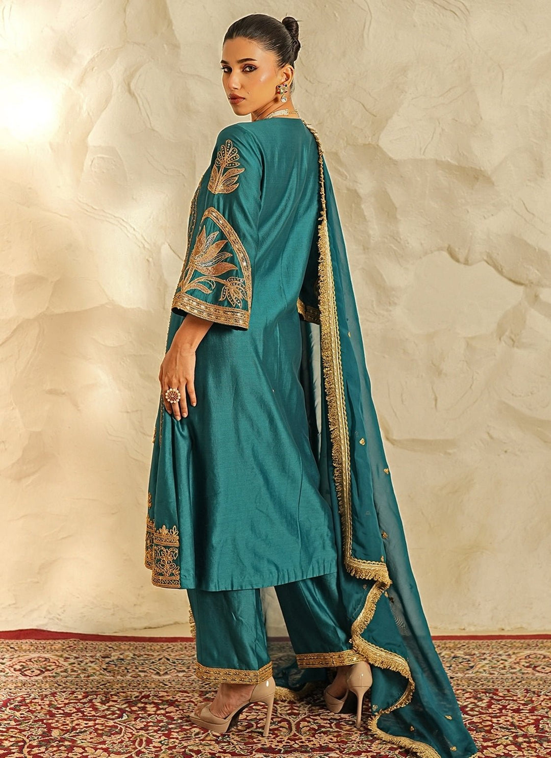 Nidhika Shekhar Teal Blue Chanderi Kurta Pants SetFabilicious Fashion