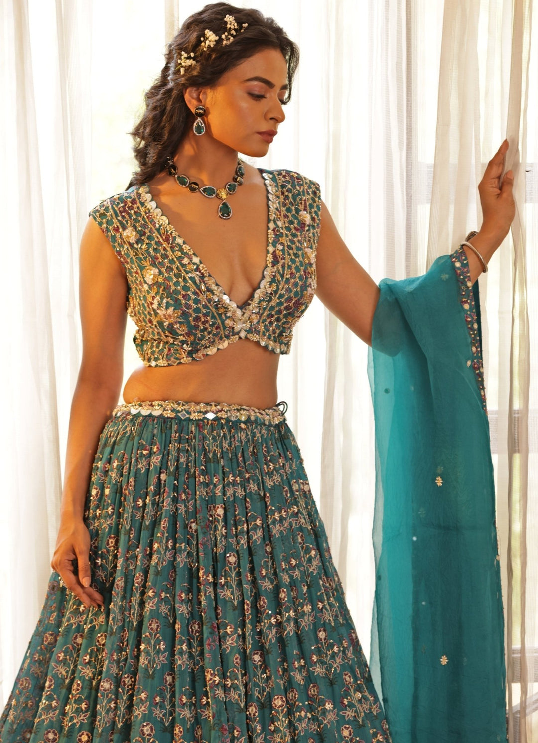 Teal Blue Chiffon Floral Embroidered Lehenga Manisha Soni - Fabilicious Fashion