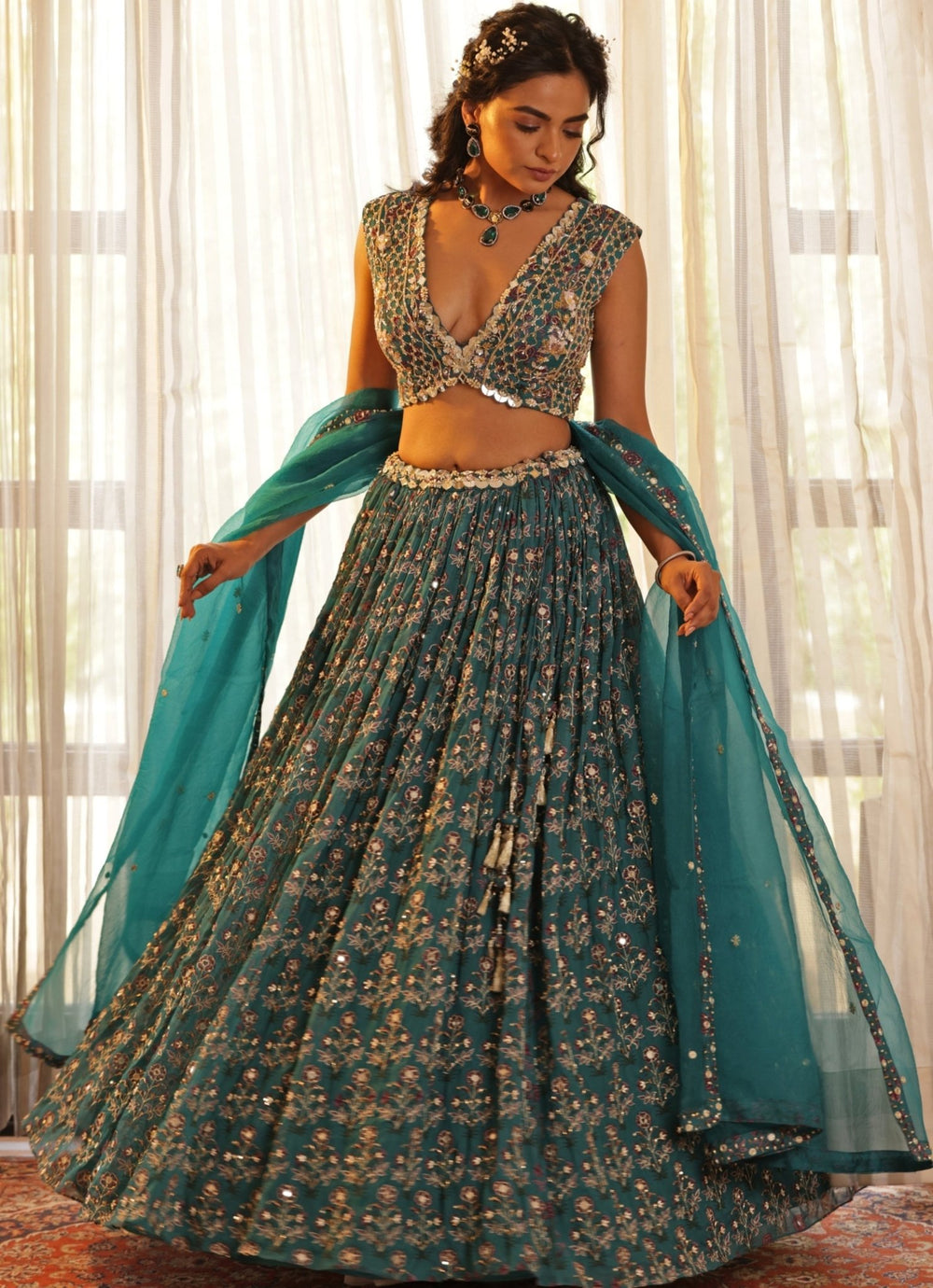 Teal Blue Chiffon Floral Embroidered Lehenga Manisha Soni - Fabilicious Fashion