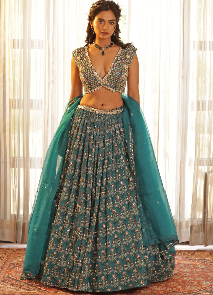 Teal Blue Chiffon Floral Embroidered Lehenga Manisha Soni - Fabilicious Fashion