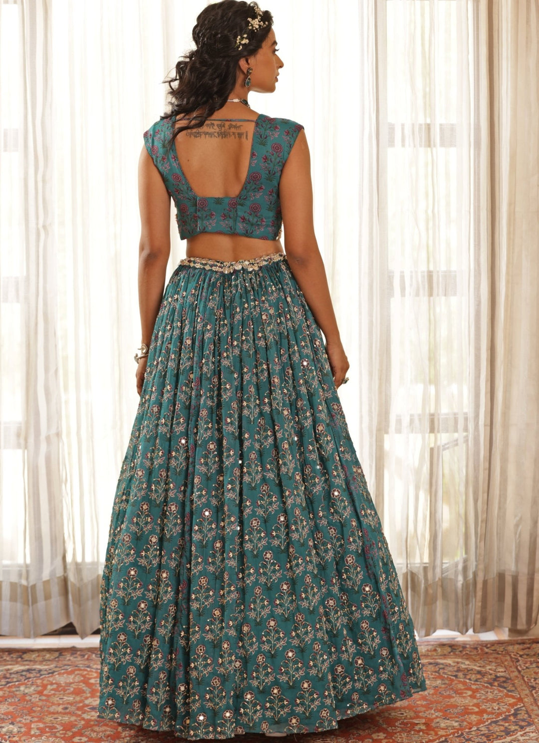 Teal Blue Chiffon Floral Embroidered Lehenga Manisha Soni - Fabilicious Fashion